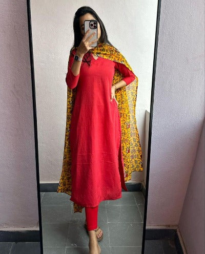 Red Georgette Straight Gown With Yellow Kalamkari Dupatta 2Pc
