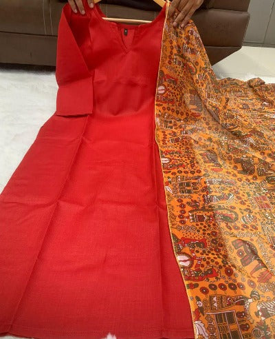 Red Georgette Straight Gown With Yellow Kalamkari Dupatta 2Pc