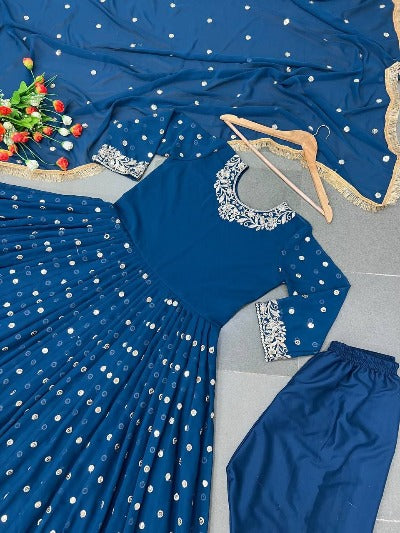 Blue Georgette Designer Heavy Sequence Work Anarkali Suit Set