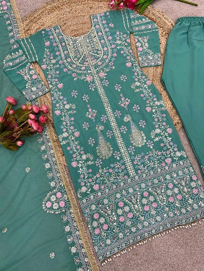 Aqua Green Georgette Heavy Embroidered Sequence Work Palazzo Suit Set
