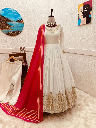 White Georgette Embroidery Work Anarkali Suit With Red Dupatta