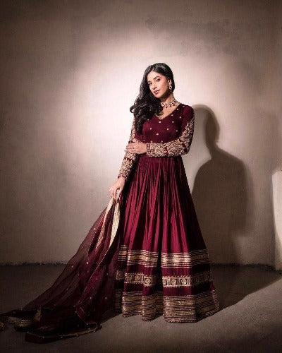 Maroon Chinon Golden Sequence Anarkali Gown Dupatta Set Of 2