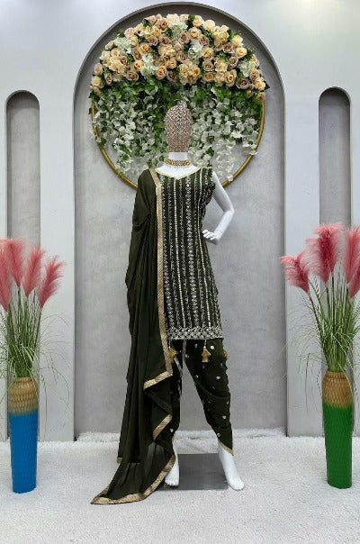 Olive Green Georgette Sequence Work Dhoti Suit Set