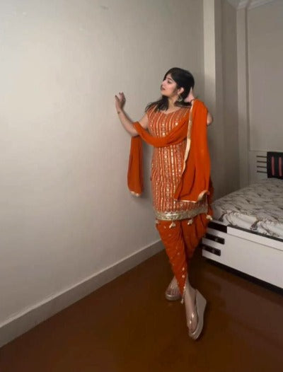 Marigold Orange Georgette Sequence Work Dhoti Suit Set