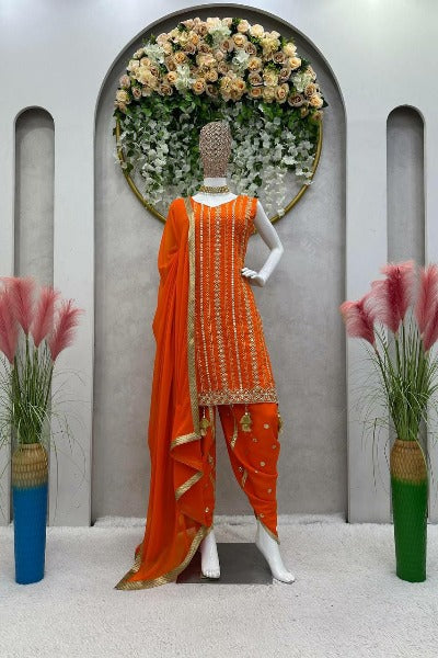 Marigold Orange Georgette Sequence Work Dhoti Suit Set