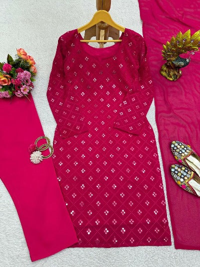 Magenta Pink Georgette Sequence Designer Work Straight Suit Set
