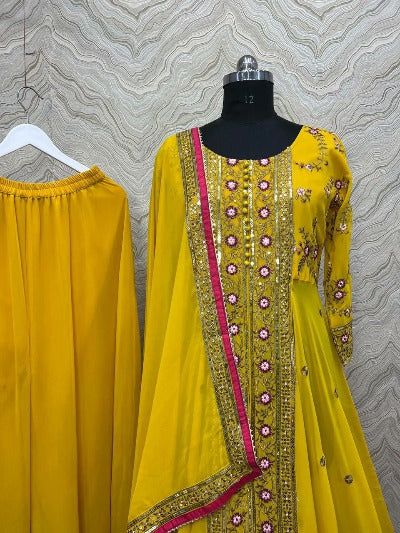 Sunflower Yellow Designer Georgette Sequenced Anarkali Gown Set Of 3