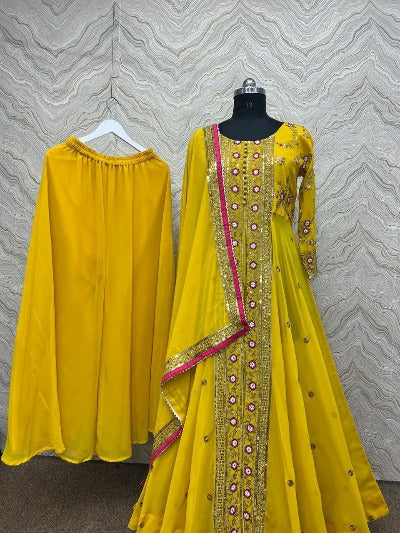 Sunflower Yellow Designer Georgette Sequenced Anarkali Gown Set Of 3