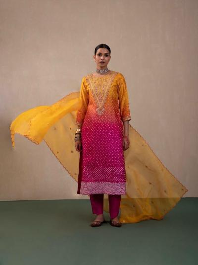 Pink & Yellow Bandhani Chinon Silk Salwar Suit Set