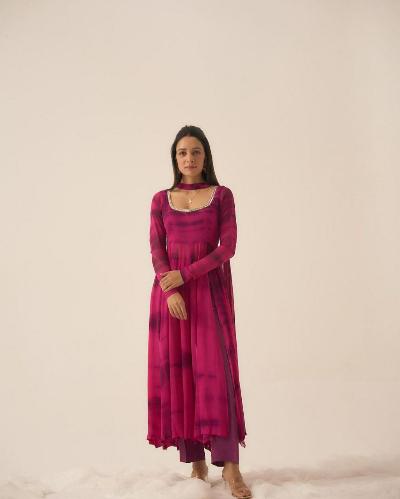 Dark Pink Leheriya Front Slit Anarkali Suit Set