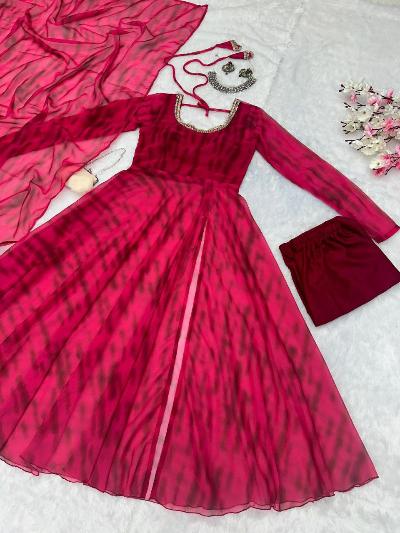 Dark Pink Leheriya Front Slit Anarkali Suit Set