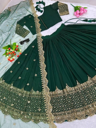 Dark Bottle Green Faux Georgette Embroidered Stitched Lehenga Set
