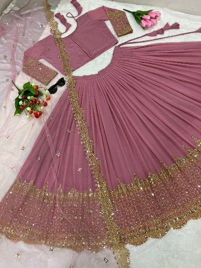 Pastel Pink Faux Georgette Embroidered Stitched Lehenga Set