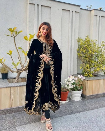 Black Velvet Designer Partywear Winter Collection Anarkali Gown Suit Set