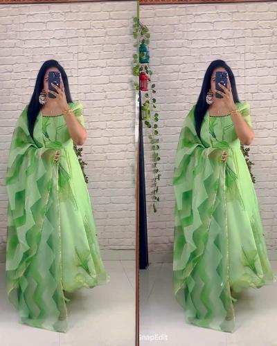 Garden Green Tabby Organza Flair Anarkali Suit Set