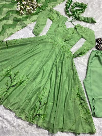 Garden Green Tabby Organza Flair Anarkali Suit Set