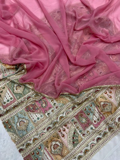 Pink Georgette Saree With Heavy Coding Embroidered Blouse
