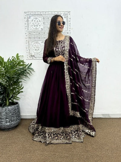 Wine Heavy Blooming Silk Anarkali Gown Suit Set