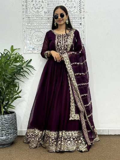 Wine Heavy Blooming Silk Anarkali Gown Suit Set