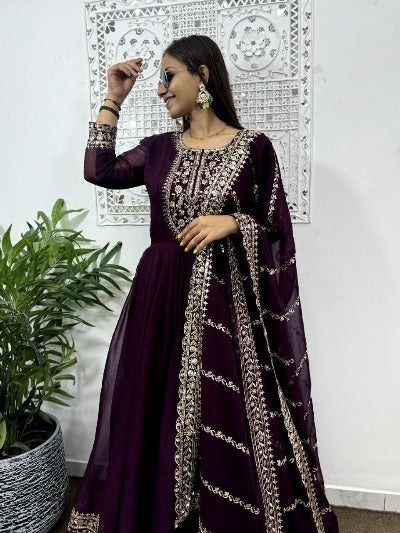 Wine Heavy Blooming Silk Anarkali Gown Suit Set