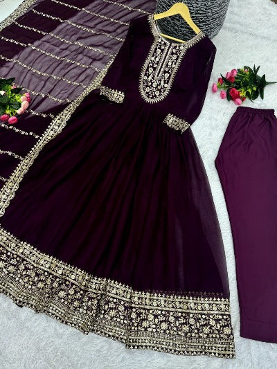 Wine Heavy Blooming Silk Anarkali Gown Suit Set