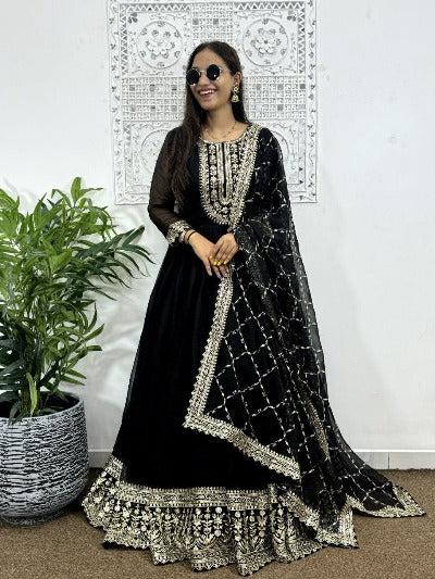 Black Heavy Blooming Silk Anarkali Gown Suit Set