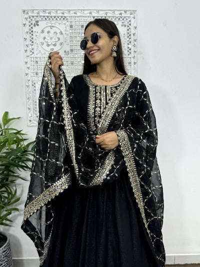 Black Heavy Blooming Silk Anarkali Gown Suit Set