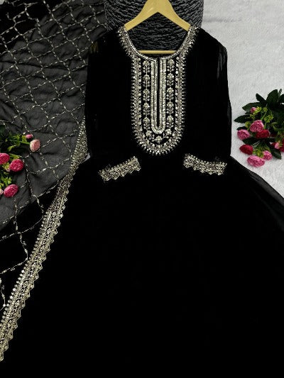 Black Heavy Blooming Silk Anarkali Gown Suit Set