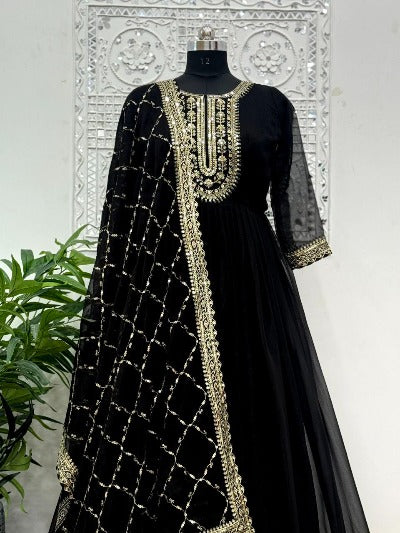 Black Heavy Blooming Silk Anarkali Gown Suit Set