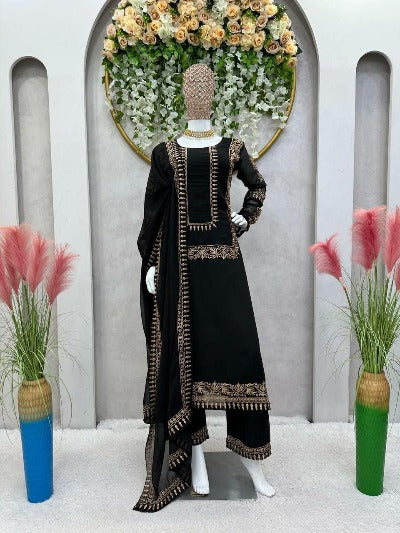 Black Georgette Thread Work Palazzo Suit Set