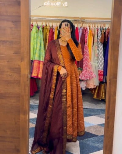 Orange Soft Poly Rayon Ethnic Anarkali Gown Dupatta Set Of 2