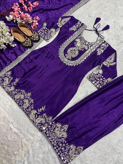 Royal Indigo Chinon Silk Salwar Suit Set