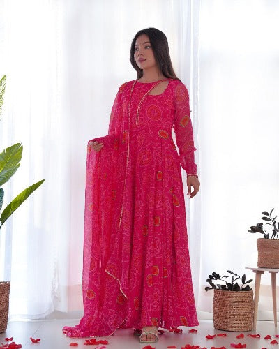 Pink Bandhej Soft Chiffon Anarkali Gown Dupatta Set Of 2