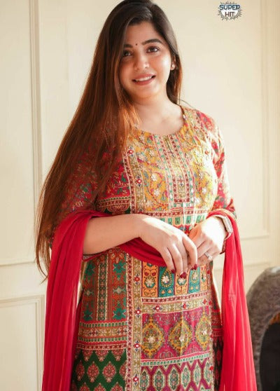 Multicolour Beautiful Printed Muslin Salwar Suit Set