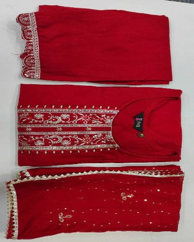 Red Rayon Suit Set With Chanderi Dupatta