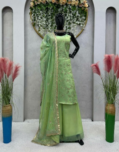 Pista Green Thread & Sequence Work Flair Palazzo Suit Set