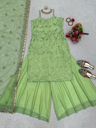 Pista Green Thread & Sequence Work Flair Palazzo Suit Set