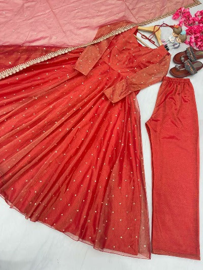 Orange Fancy Gold Net Anarkali Suit Set