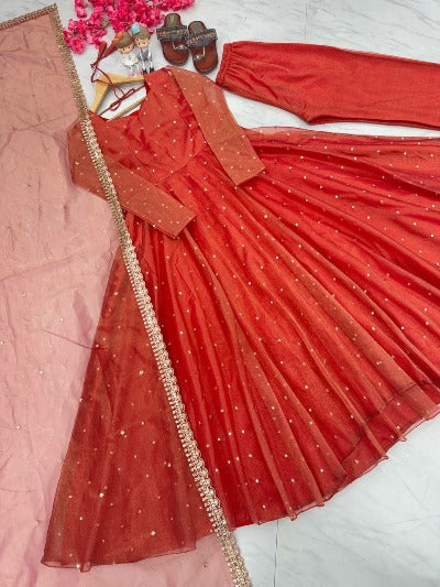 Orange Fancy Gold Net Anarkali Suit Set