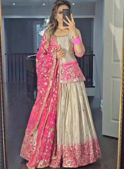 Gold Pink Pure Chinon Embroidered Lehenga Choli Set