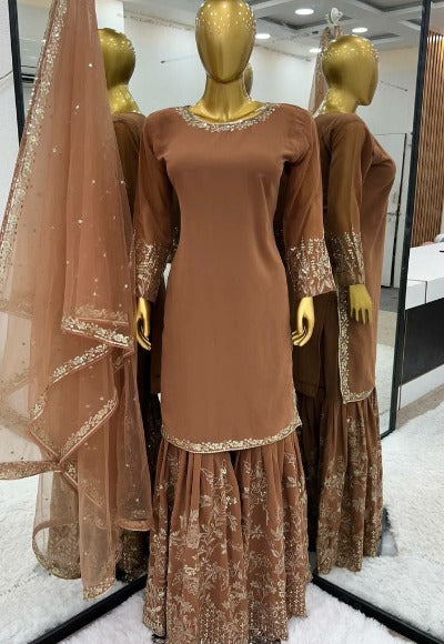 Brownish Mauve Georgette Partywear Sharara Suit Set