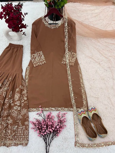 Brownish Mauve Georgette Partywear Sharara Suit Set