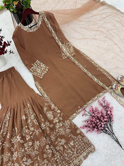 Brownish Mauve Georgette Partywear Sharara Suit Set