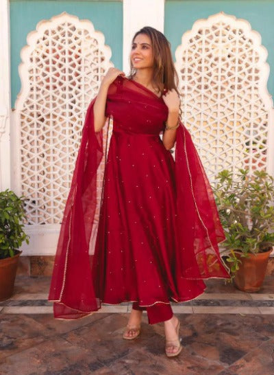 Maroon Georgette Anarkali Dupatta Set Of 2