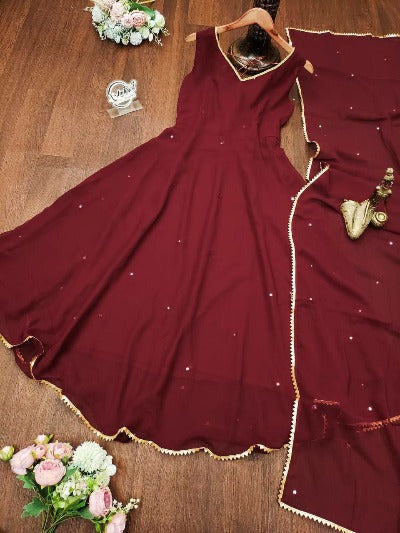 Maroon Georgette Anarkali Dupatta Set Of 2