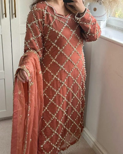 Pastel Brown Georgette Hand Sequence Work Straight Suit Set