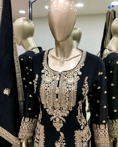 Black Chinon Silk Embroidered Palazzo Suit Set