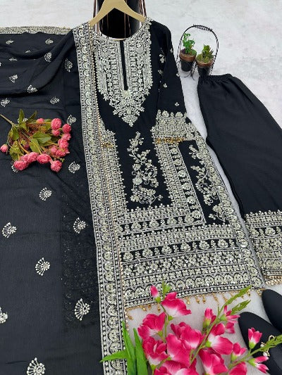 Black Chinon Silk Embroidered Palazzo Suit Set