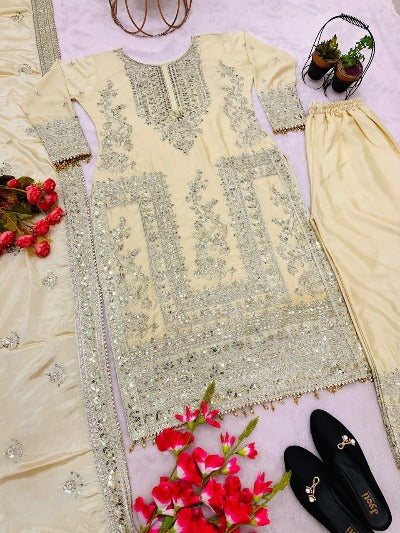 Cream Chinon Silk Embroidered Palazzo Suit Set