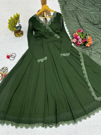 Olive Green Georgette Lace Work Anarkali Gown With Dupatta Set 0f 2